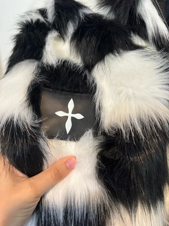 SMFK Plan C Checkered Faux Fur Bomber Jacket Black White Size 1 - Picture 7 of 13